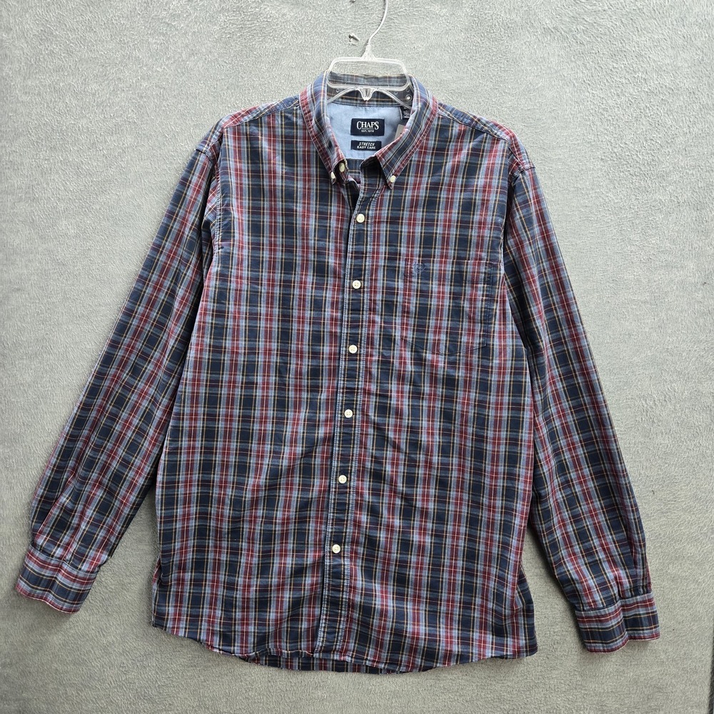 Chaps Men Button Up Shirt XL Blue Embroidered Plaid Casual Long Sleeve
